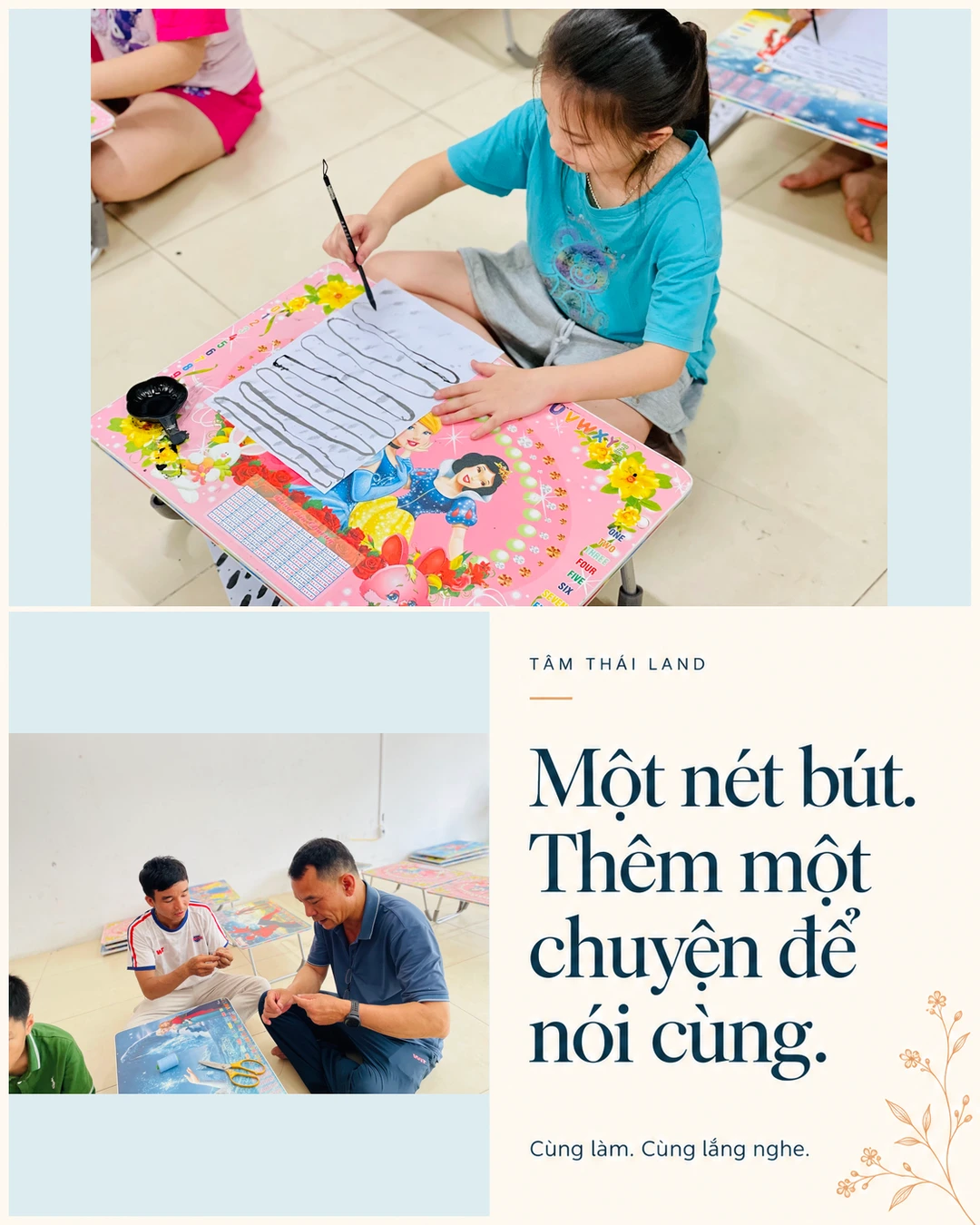 Một em nhỏ tập nét bút trên giấy và người hướng dẫn bên học viên trong buổi thư pháp tại Diễn Châu.