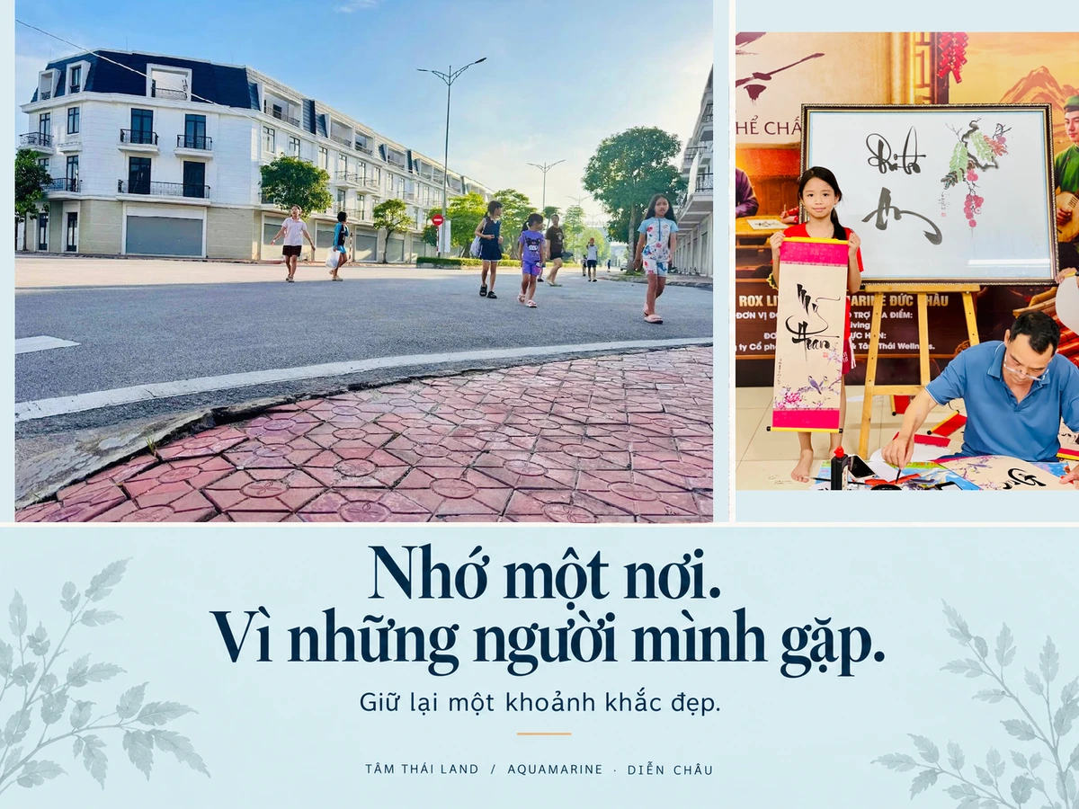 Ảnh đường nội khu có trẻ em ghép với một em cầm tác phẩm thư pháp trong kho tư liệu Aquamarine Diễn Châu.