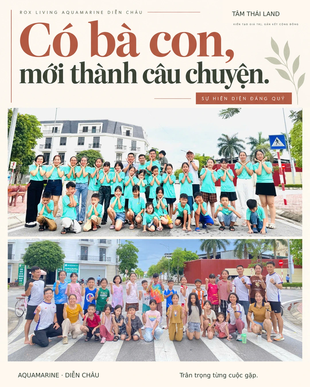 Hai ảnh nhóm người lớn và trẻ em đứng bên nhau trên đường nội khu Aquamarine.