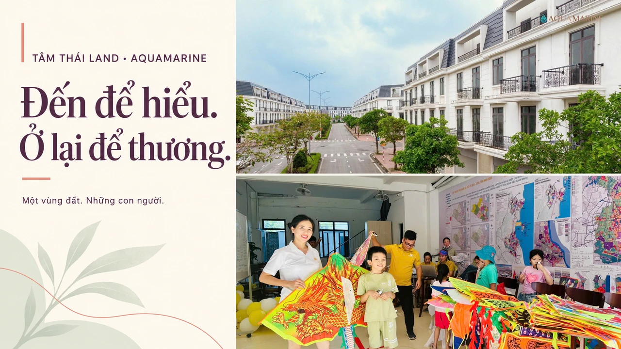 Ảnh ghép dãy nhà và đường nội khu Aquamarine cùng người lớn, trẻ em chuẩn bị diều tại văn phòng Tâm Thái Land.