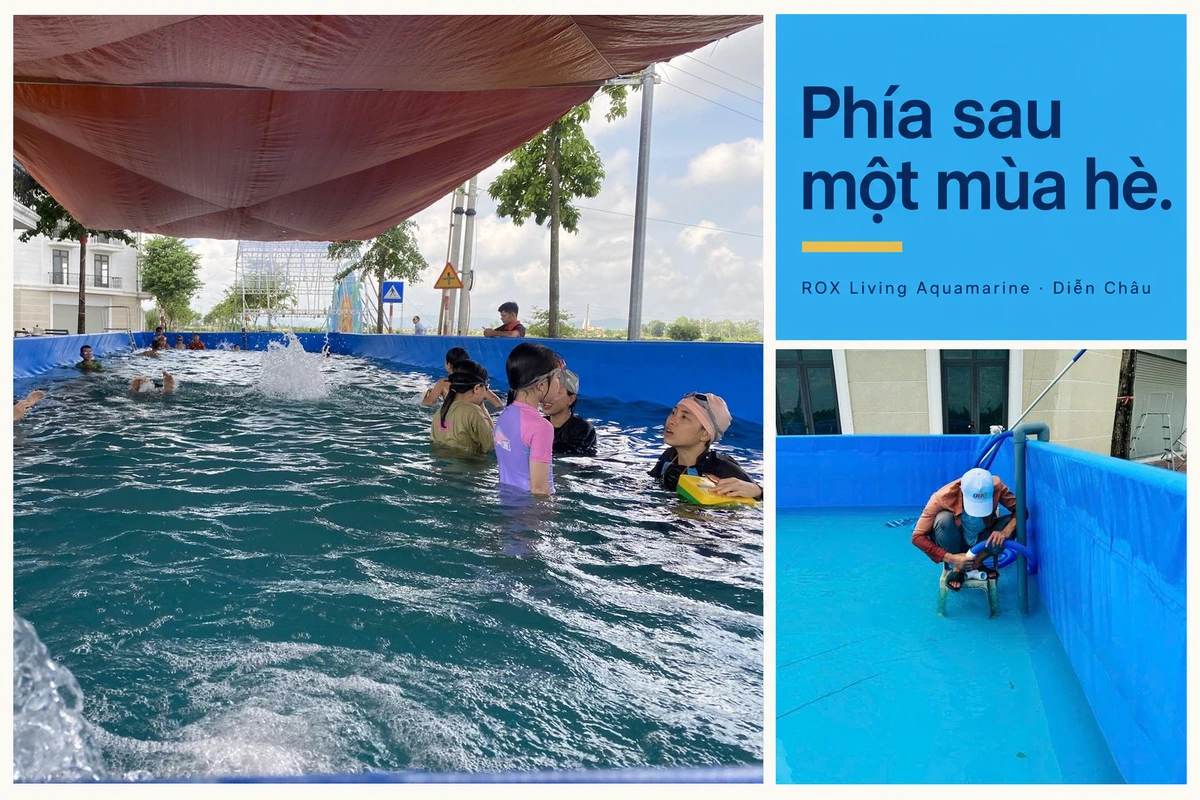 Góc rộng bể bơi dưới mái bạt ghép cùng ảnh người thao tác với đường ống khi chuẩn bị bể.