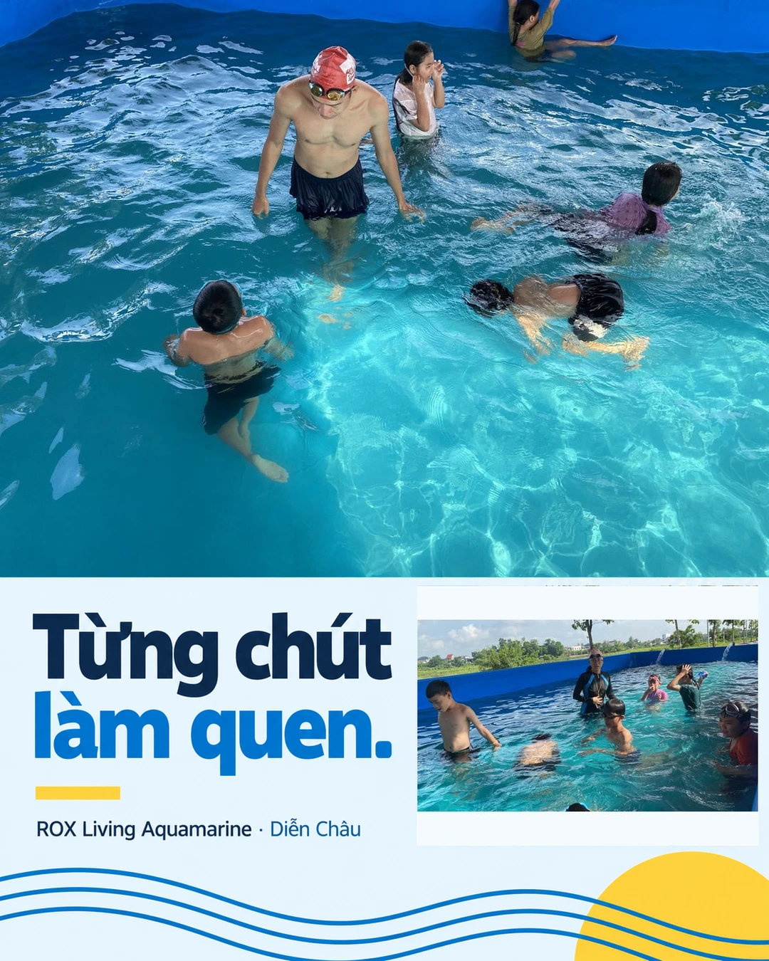 Hai góc chụp người lớn và trẻ em trong buổi làm quen với nước tại Aquamarine.