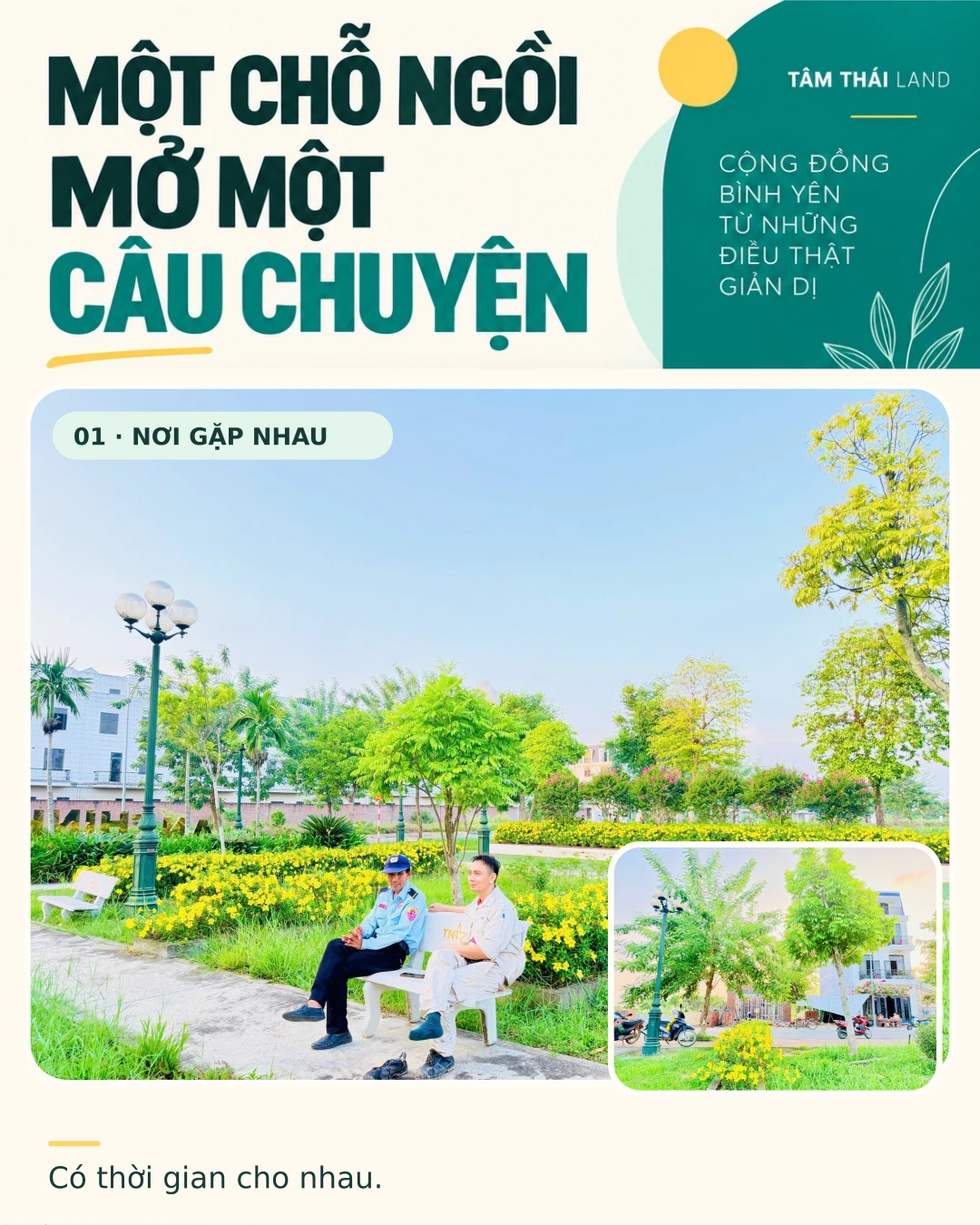 Hai người ngồi trên ghế giữa cây xanh Aquamarine; ảnh phụ ghi nhận đường phố và công trình hiện hữu.