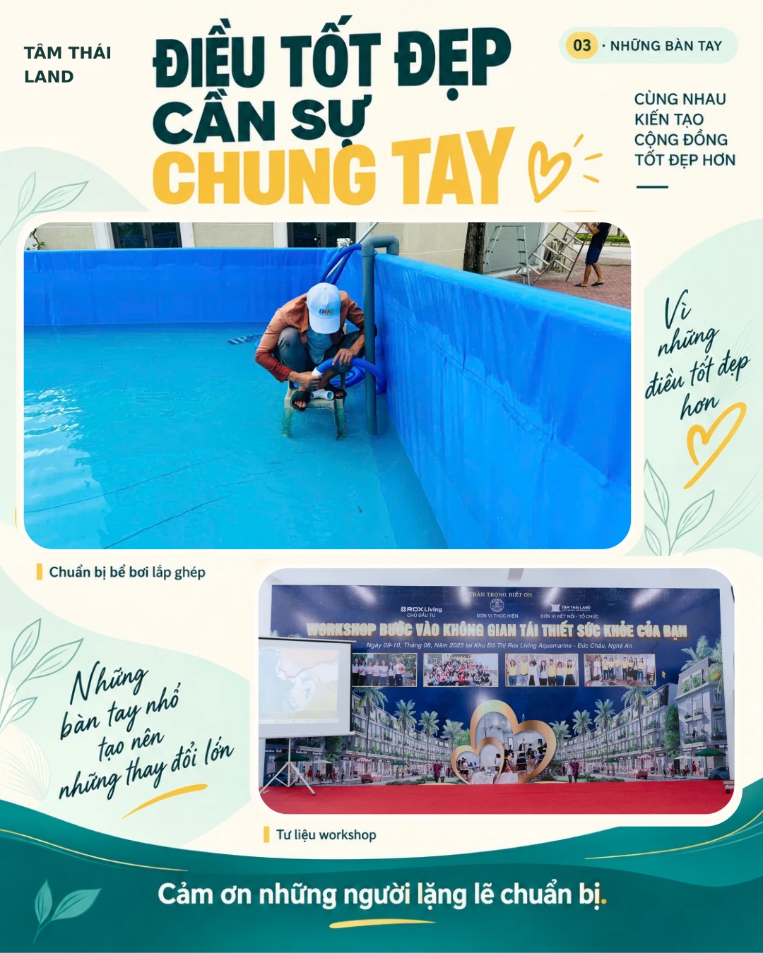 Người chuẩn bị bể bơi lắp ghép và tư liệu backdrop workshop sức khỏe tại ROX Living Aquamarine.