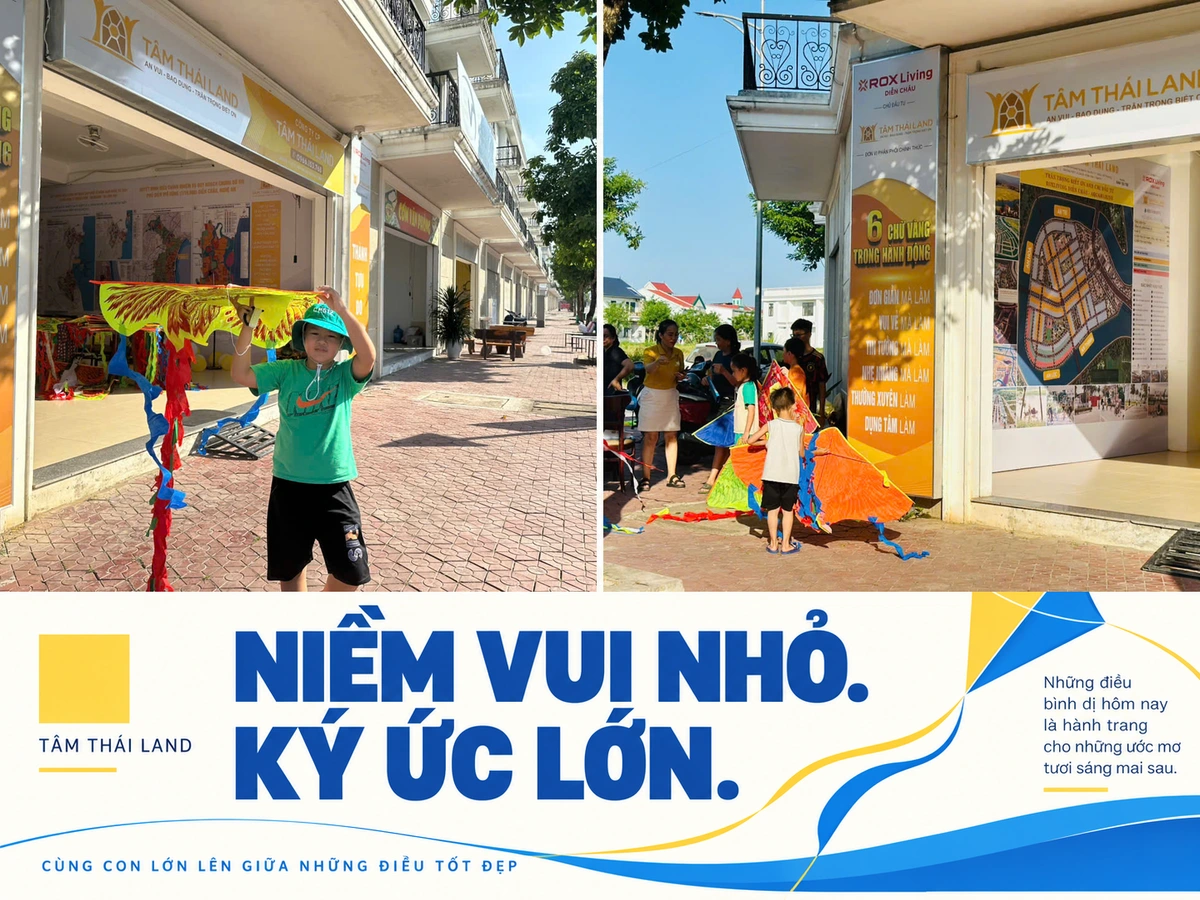 Em nhỏ nâng cánh diều vàng và cảnh nhiều người cùng trẻ em trước văn phòng Tâm Thái Land tại ROX Living Diễn Châu.