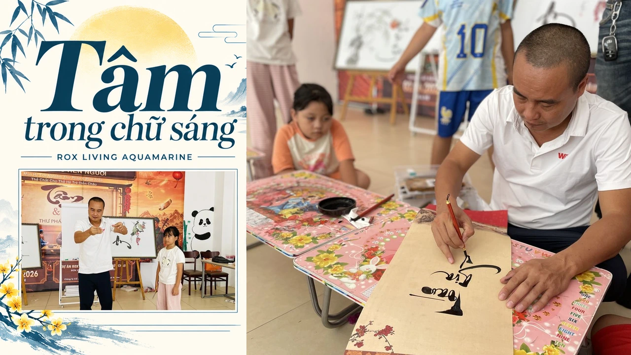 Thiết kế ghép ảnh người viết thư pháp và khoảnh khắc giao lưu trong chương trình Tâm trong chữ sáng tại Aquamarine.