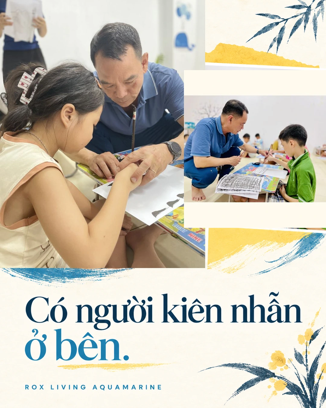 Người lớn hướng dẫn hai bạn nhỏ cầm bút lông trong hai khoảnh khắc của buổi thư pháp tại Aquamarine.