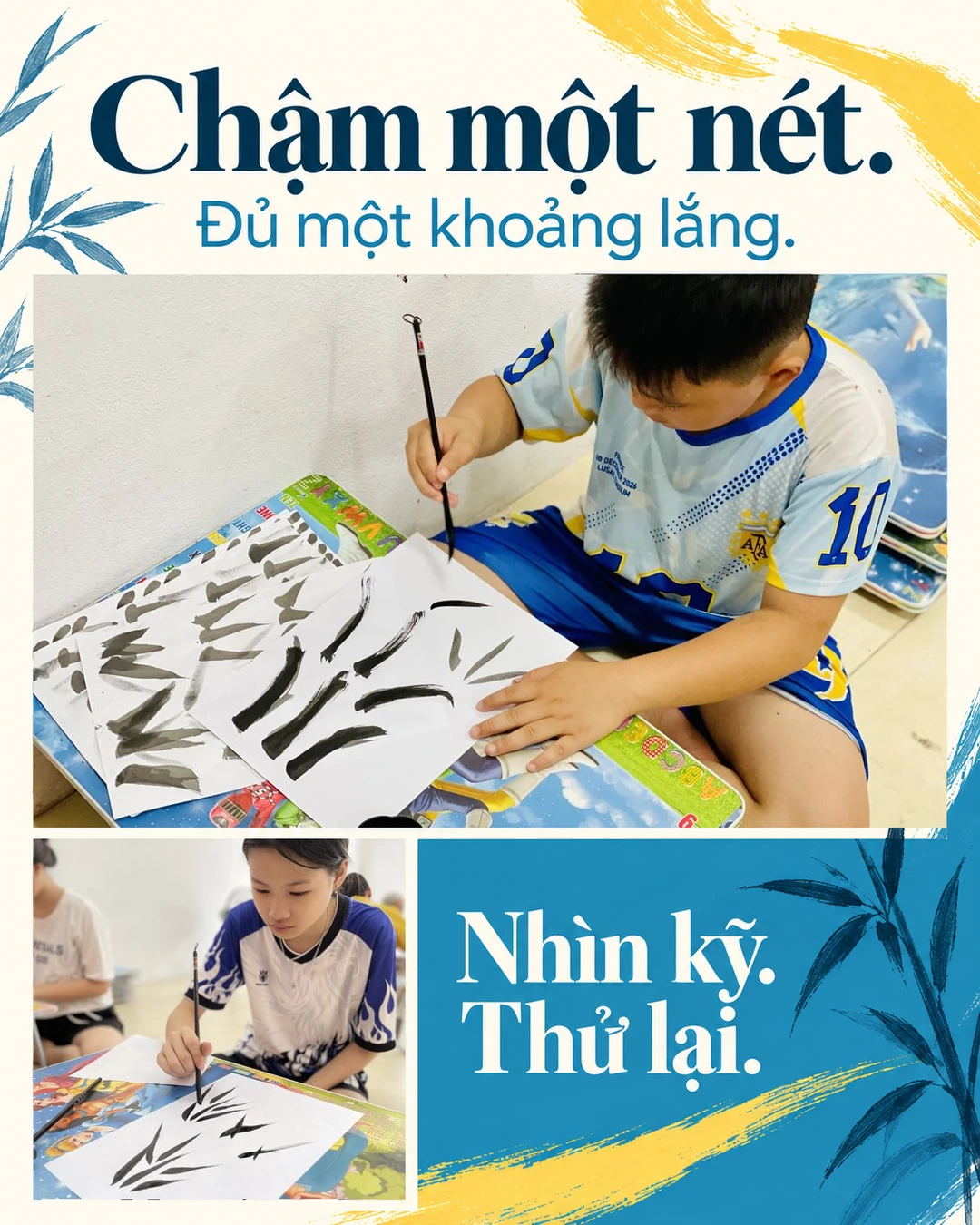 Hai bạn nhỏ tập đưa bút và vẽ nét lá trên giấy trong buổi trải nghiệm thư pháp Aquamarine.