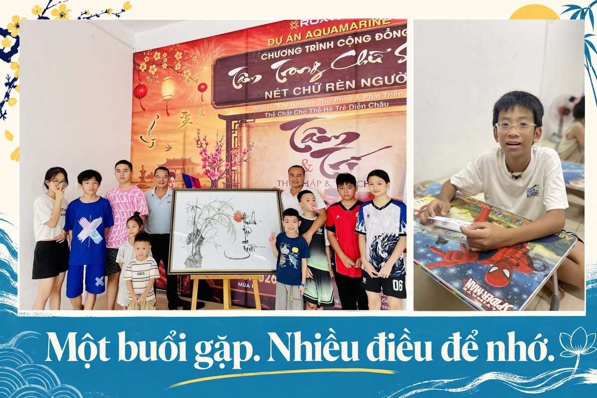Ảnh nhóm bên tác phẩm và phông chương trình Tâm trong chữ sáng, ghép cùng nụ cười của một bạn nhỏ.