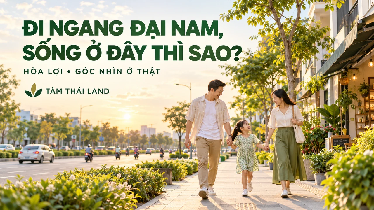 Minh họa gia đình đi bộ về nhà trên tuyến phố có cây xanh khi cân nhắc sống tại khu vực Đại Nam – Hòa Lợi