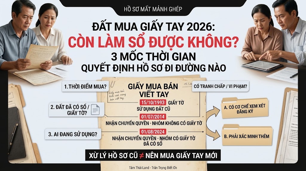 Đất mua giấy tay năm 2026 và ba mốc thời gian cần kiểm tra khi làm sổ gồm 15/10/1993, 01/07/2014 và 01/08/2024