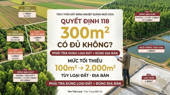 Diện tích tối thiểu tách thửa đất nông nghiệp Quảng Ngãi 2026 từ 100m² đến 2.000m² tùy loại đất và địa bàn