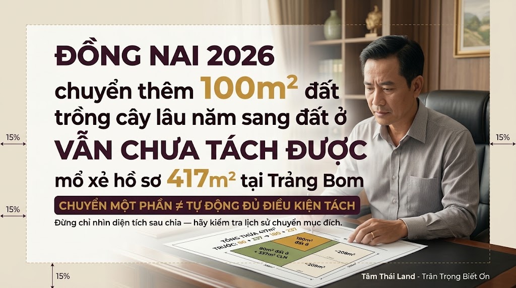 Hồ sơ 417m² gồm đất ở và đất trồng cây lâu năm tại Trảng Bom Đồng Nai khi xin tách thửa năm 2026