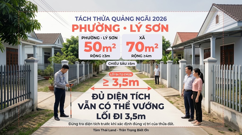 Người dân kiểm tra lối đi 3,5m khi tách thửa đất ở Quảng Ngãi 2026 với mức 50m² và 70m²