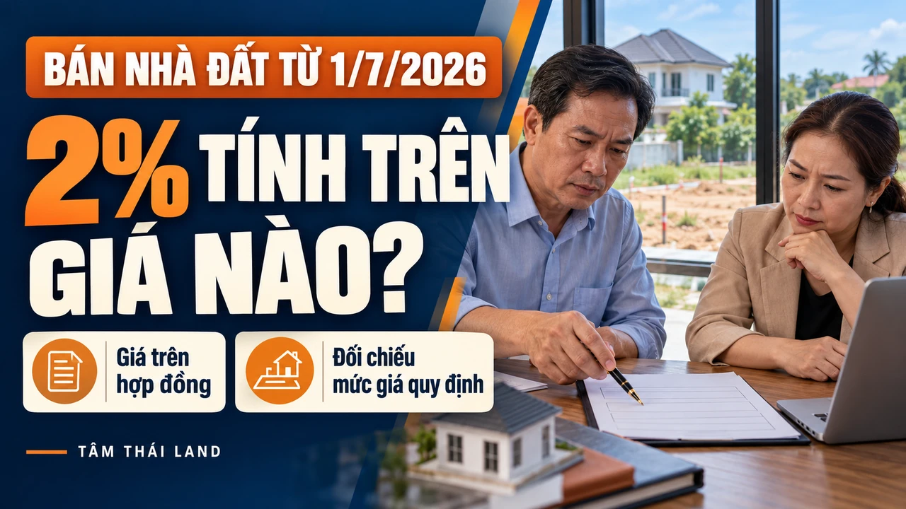 Hai người đối chiếu hợp đồng chuyển nhượng nhà đất và mức giá tính thuế 2% từ 1/7/2026