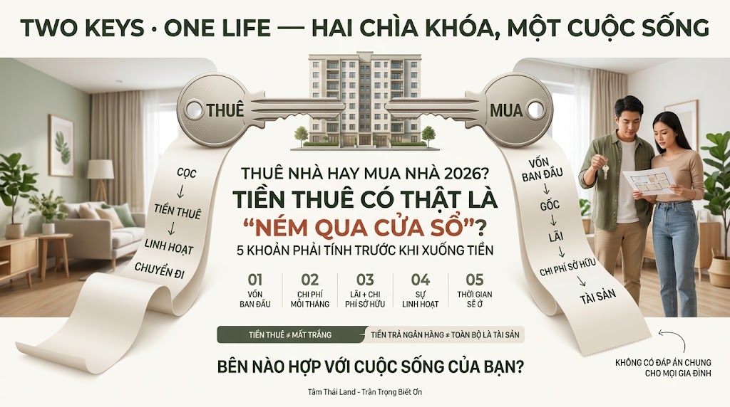 Gia đình trẻ cân nhắc thuê nhà hay mua nhà năm 2026 bằng cách so sánh vốn ban đầu, chi phí hàng tháng, lãi vay, tính linh hoạt và thời gian ở