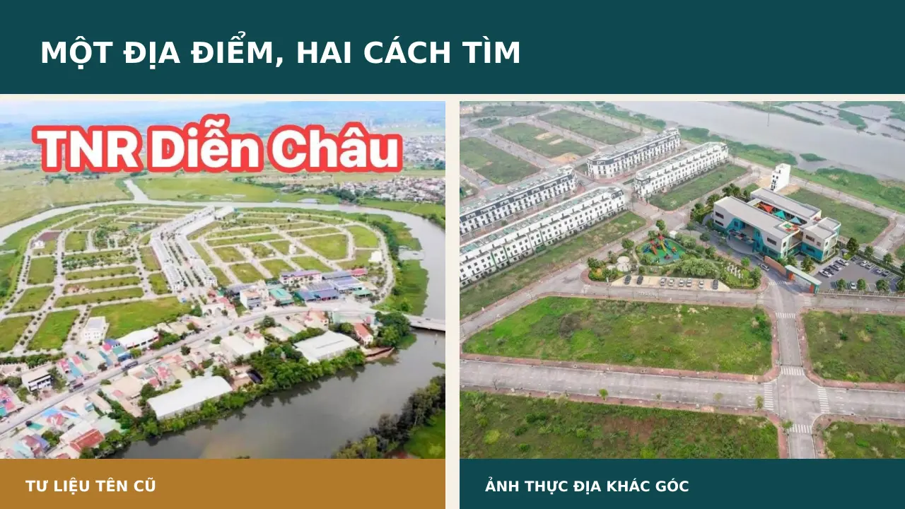 Toàn cảnh mang chữ TNR Diễn Châu đặt cạnh ảnh thực địa ROX Living Aquamarine ở góc khác