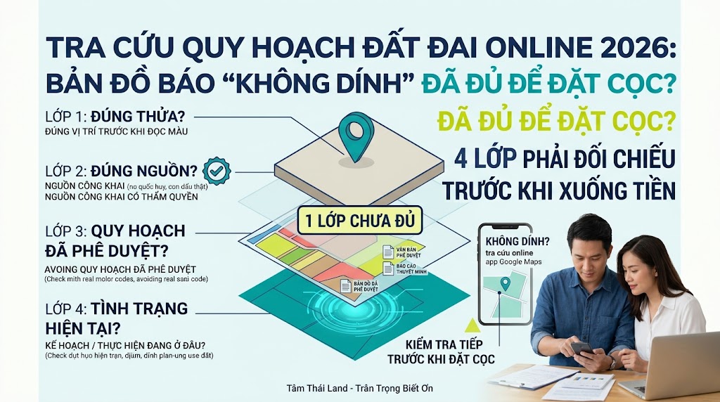 Người mua kiểm tra quy hoạch đất đai trực tuyến năm 2026 bằng bốn lớp thông tin trước khi quyết định đặt cọc
