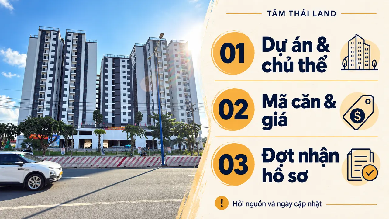 Đồ họa ba nhóm thông tin: dự án và chủ thể, mã căn và giá, đợt nhận hồ sơ Nhà ở xã hội Thăng Long.