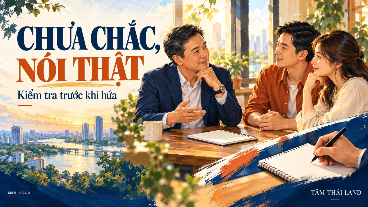 Minh họa AI người tư vấn lắng nghe một đôi vợ chồng, cùng thông điệp Chưa chắc, nói thật