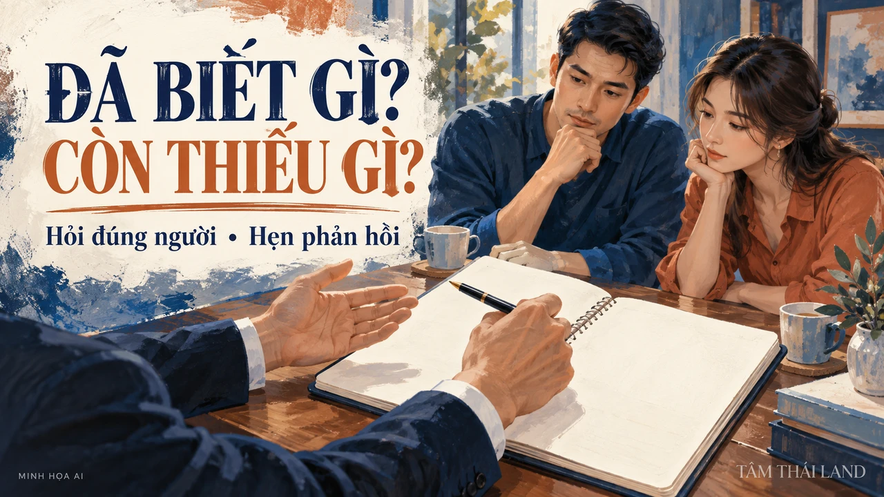 Minh họa AI bàn tay người tư vấn bên sổ trống và đôi vợ chồng đang lắng nghe