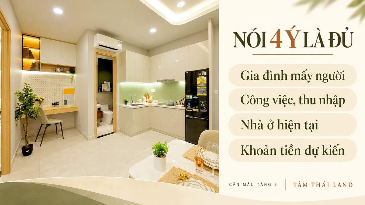 Đồ họa từ ảnh căn mẫu tầng 5 nêu bốn ý người mua có thể trao đổi trước khi làm hồ sơ.