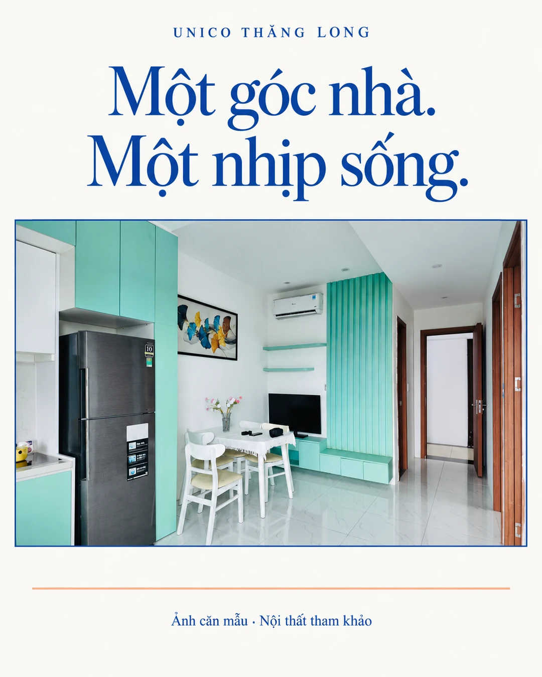 Thiết kế dọc từ ảnh bếp và không gian sinh hoạt màu xanh trong căn mẫu Unico Thăng Long