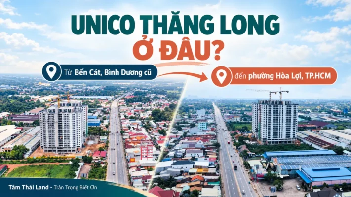 Ảnh flycam dự án Unico Thăng Long bên trục đường, minh họa địa chỉ từ Bến Cát, Bình Dương cũ sang phường Hòa Lợi, TP.HCM.