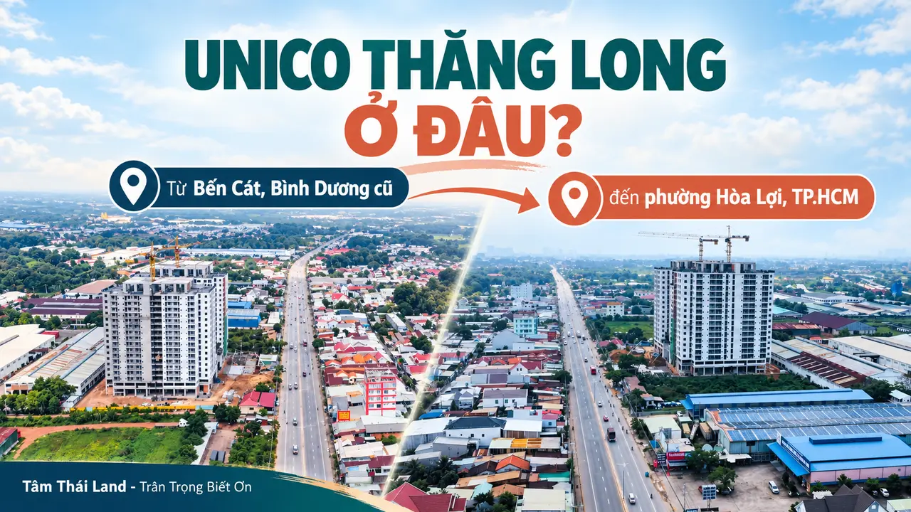 Ảnh flycam dự án Unico Thăng Long bên trục đường, minh họa địa chỉ từ Bến Cát, Bình Dương cũ sang phường Hòa Lợi, TP.HCM.