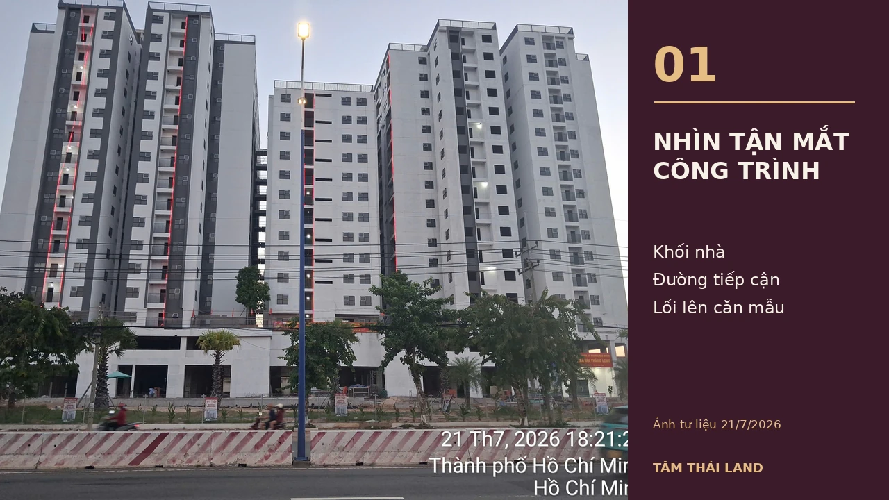 Ba khối nhà ở xã hội Thăng Long nhìn từ mặt đường trong ảnh thực tế ngày 21 tháng 7 năm 2026