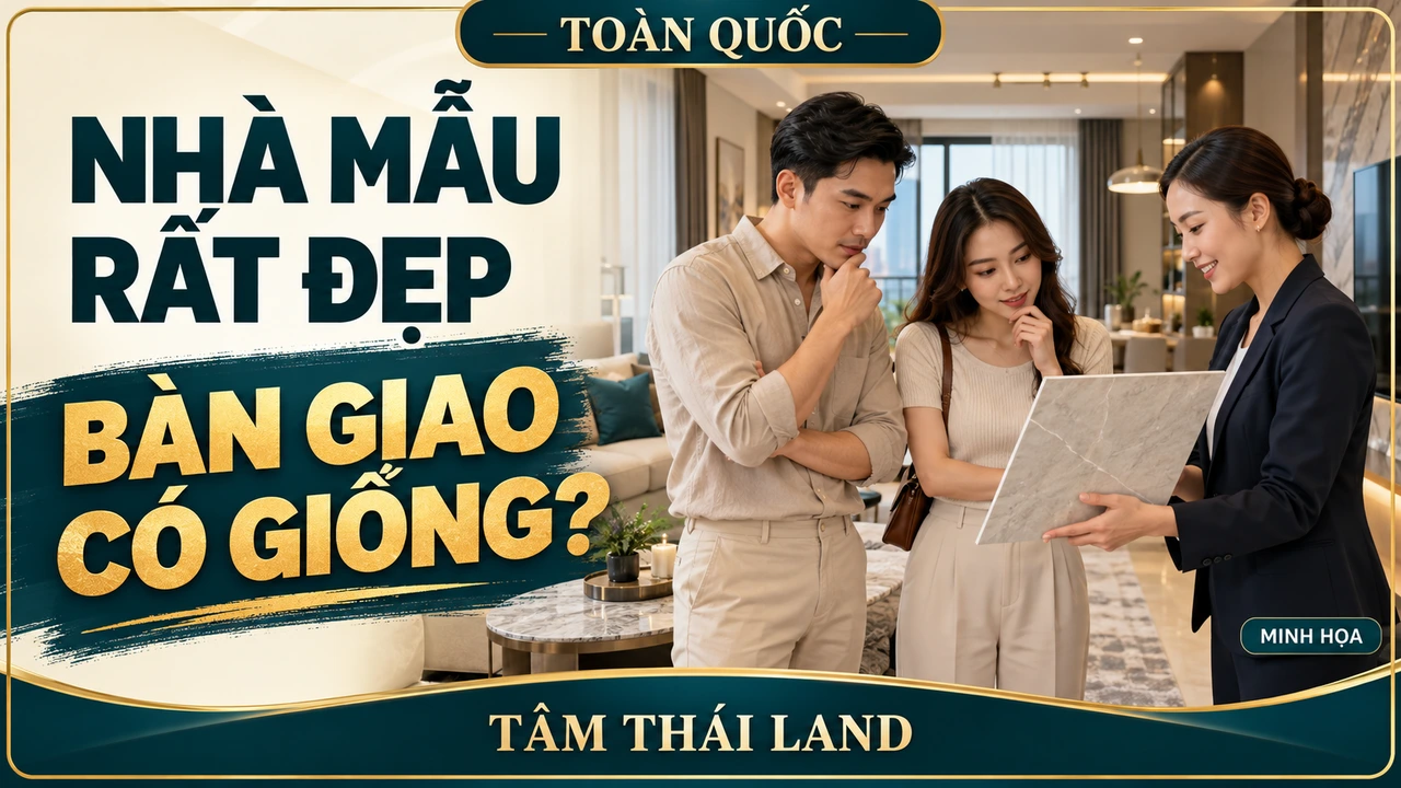 Minh họa người mua đối chiếu mẫu vật liệu trong không gian nhà mẫu.
