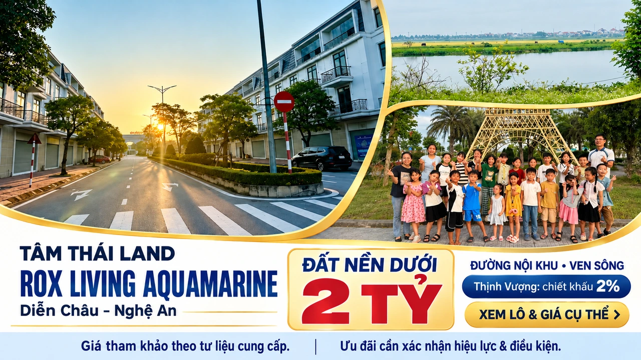 Aquamarine tại Nghệ An: đường nội khu, cảnh sông và hoạt động nhóm; đất nền dưới 2 tỷ theo hồ sơ cung cấp.