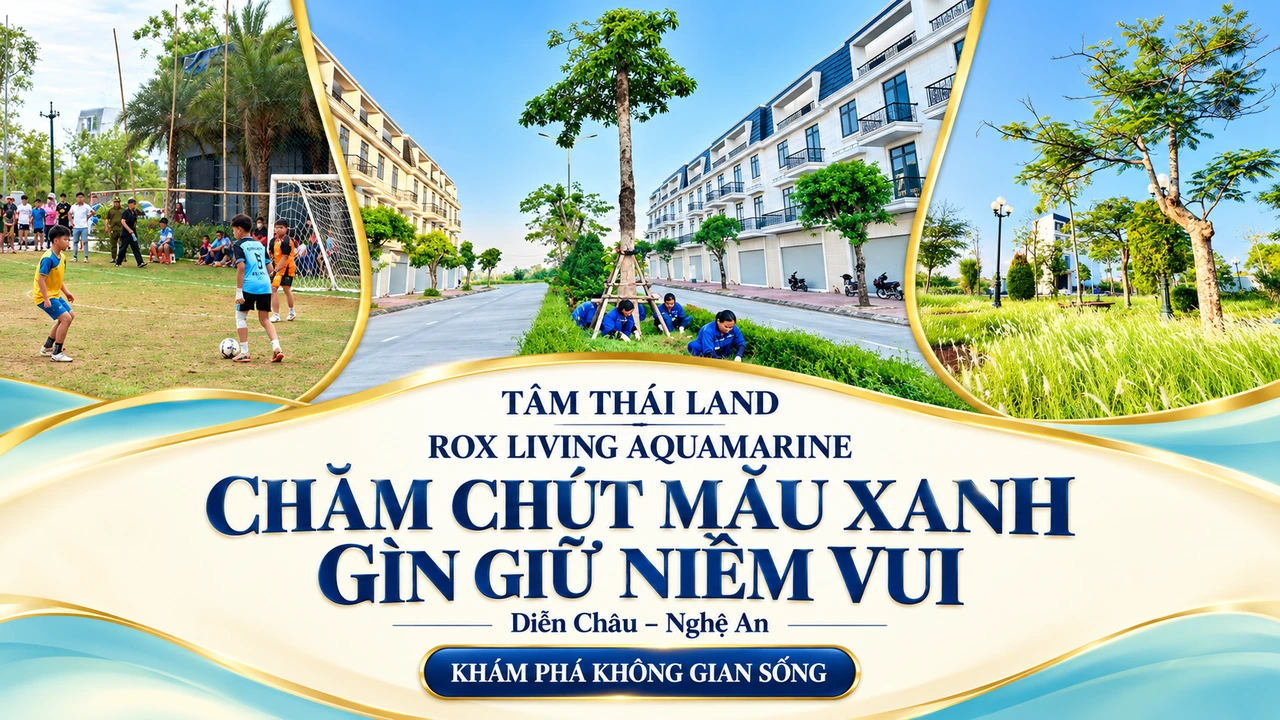 Sân cỏ chơi bóng, dãy nhà và cây xanh trong tư liệu Aquamarine.