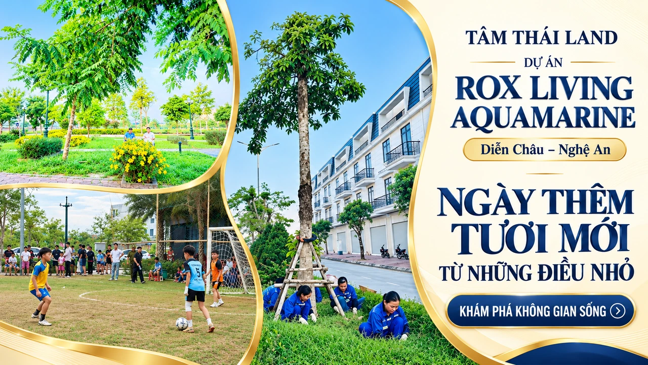 Cảnh quan cây xanh, dãy nhà và hoạt động nhóm ngoài trời tại Aquamarine.