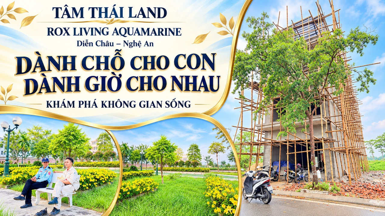 Hai người ngồi bên vườn hoa và một công trình đang xây trong thiết kế Aquamarine Diễn Châu Nghệ An.