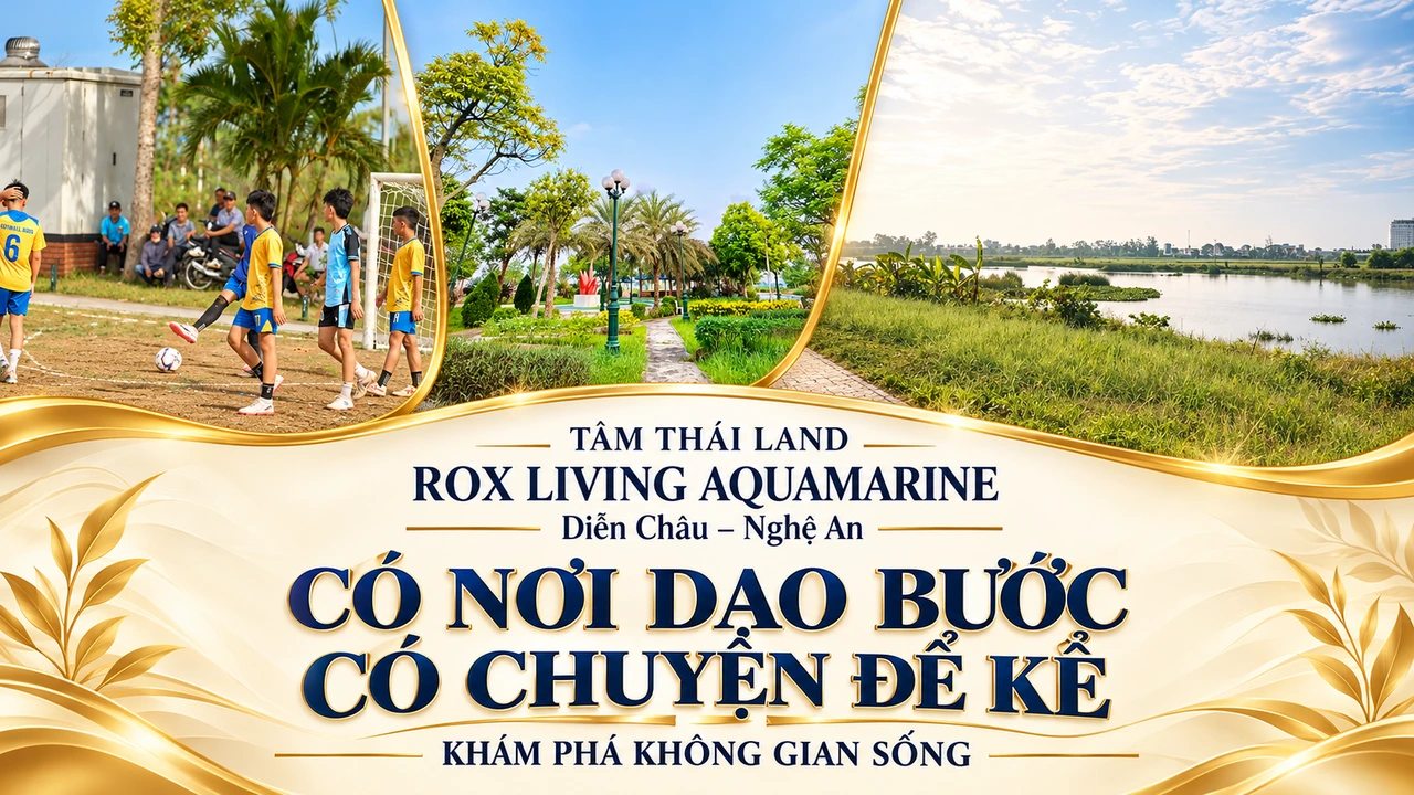 Trẻ chơi bóng, lối dạo giữa cây xanh và mặt nước trong thiết kế Aquamarine Diễn Châu Nghệ An.