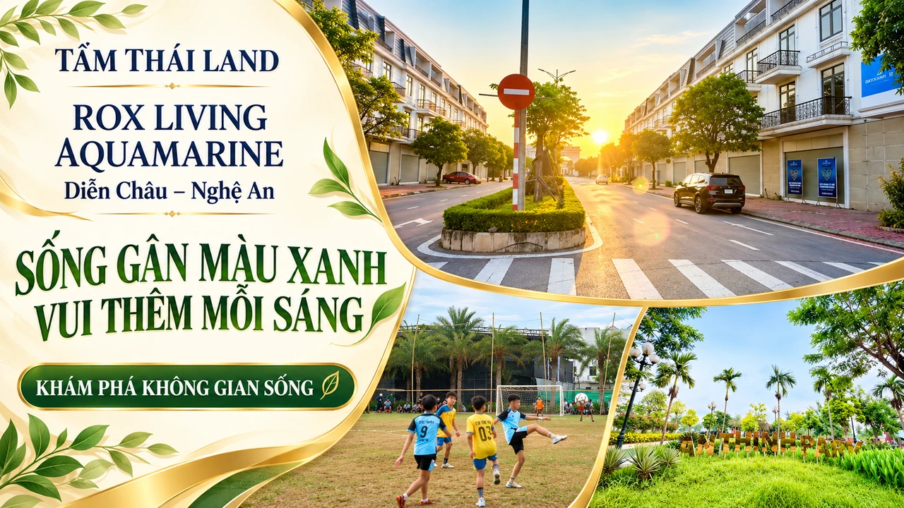 Đường nội khu lúc chiều, trẻ chơi bóng và vườn cây trong thiết kế Aquamarine Diễn Châu Nghệ An.