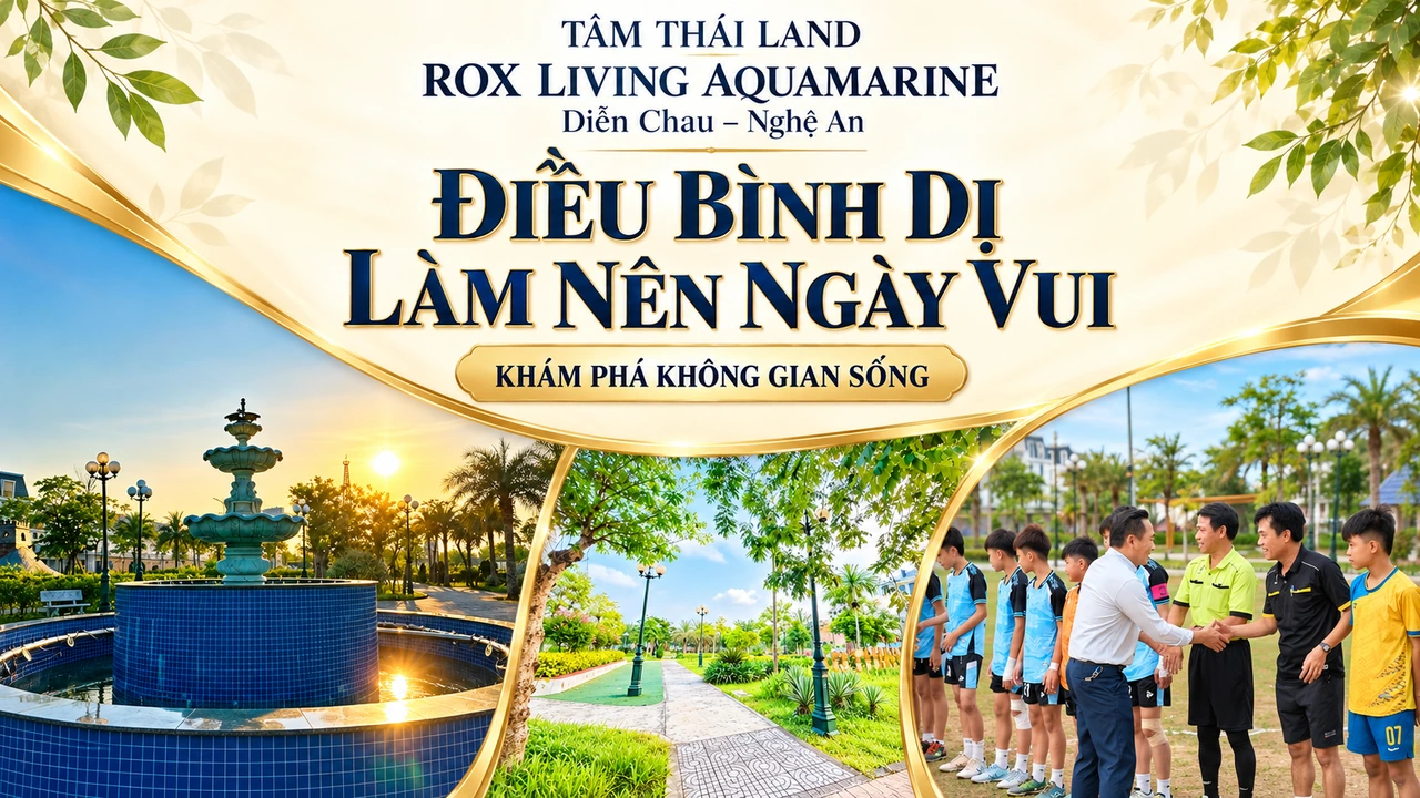 Đài phun nước, lối dạo xanh và cảnh bắt tay bên đội bóng trong thiết kế Aquamarine Diễn Châu Nghệ An.
