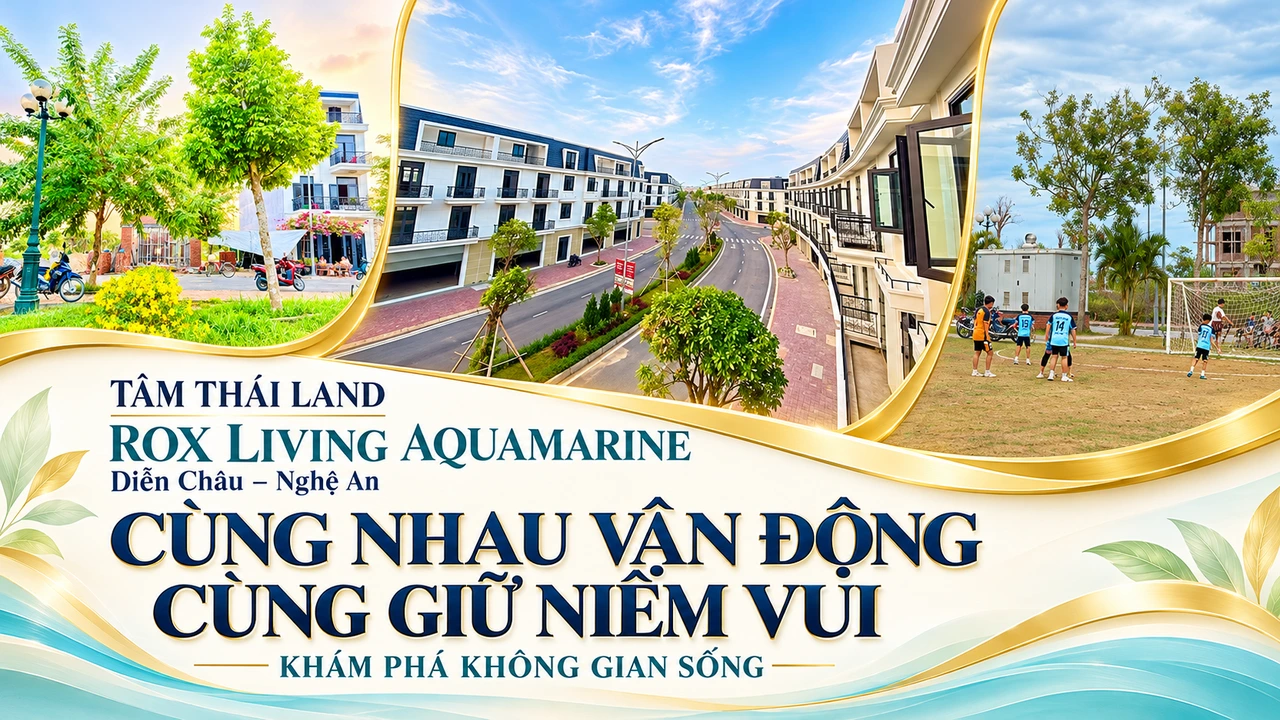 Đường nội khu nhìn từ tầng cao, vườn hoa và nhóm trẻ đá bóng trong thiết kế Aquamarine Diễn Châu Nghệ An.