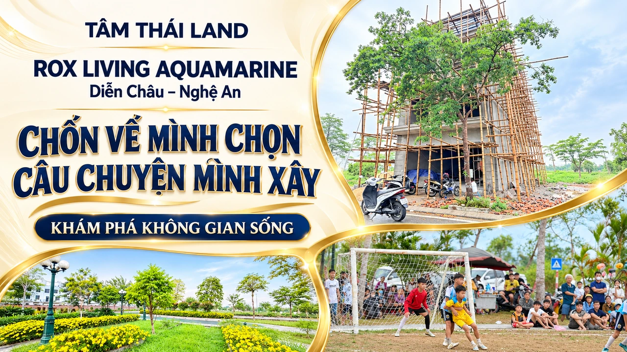 Công trình đang xây, vườn hoa vàng và trận bóng trẻ em trong thiết kế Aquamarine Diễn Châu Nghệ An.