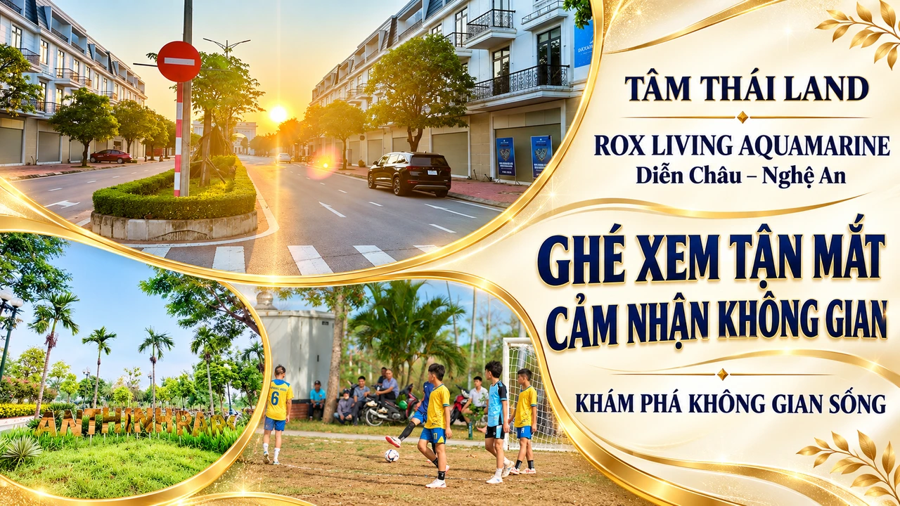 Đường nội khu lúc chiều, vườn cây và trẻ chơi bóng trong thiết kế Aquamarine Diễn Châu Nghệ An.