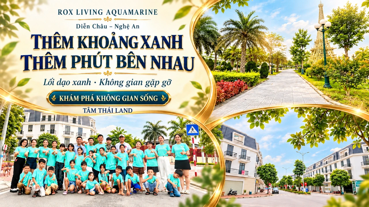 Thiết kế Aquamarine Diễn Châu Nghệ An gồm lối dạo cây xanh, nhóm người và đường bên dãy nhà.