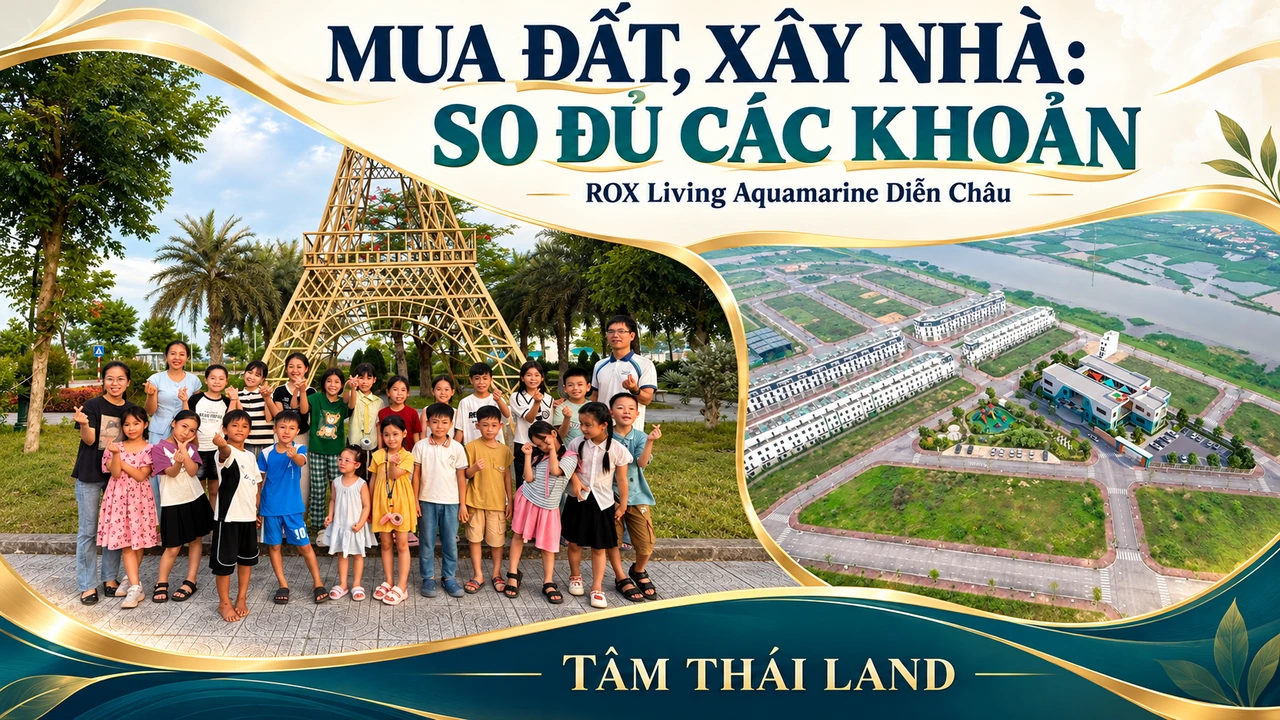 Collage tư liệu nhóm người tại cảnh quan Aquamarine và góc nhìn trên cao với câu hỏi so đủ các khoản mua đất xây nhà