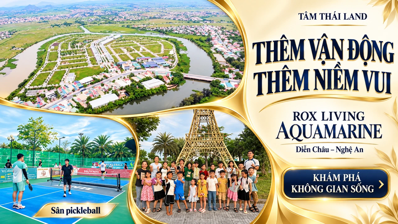 Thiết kế Aquamarine Diễn Châu Nghệ An với tổng thể ven sông, sân pickleball và nhóm người bên tháp cảnh quan.