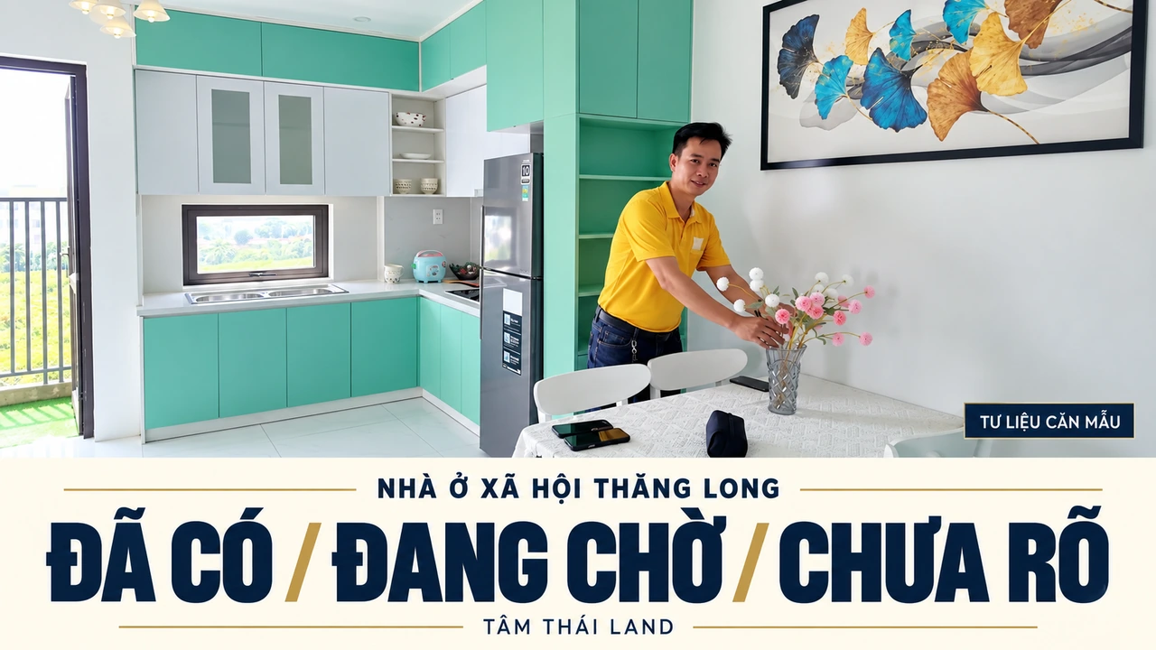 Đồ họa giấy tờ đã có, đang chờ và chưa rõ từ ảnh người áo vàng bên bàn ăn và bếp xanh căn mẫu Nhà ở xã hội Thăng Long