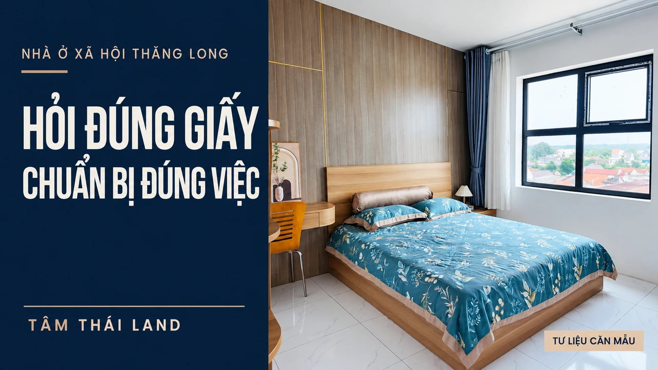 Đồ họa hỏi đúng giấy, chuẩn bị đúng việc từ ảnh phòng ngủ căn mẫu có vách gỗ, giường và cửa sổ Nhà ở xã hội Thăng Long