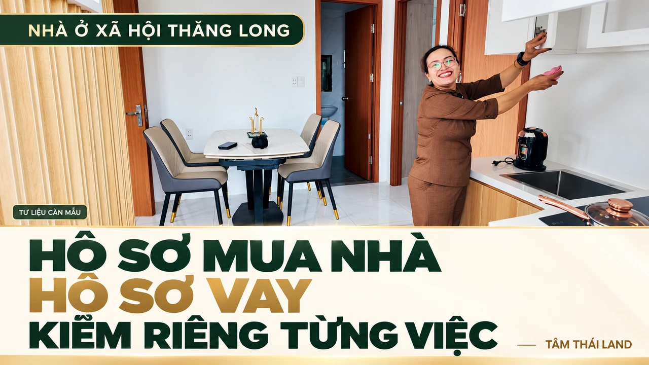 Hai bộ hồ sơ cần kiểm yêu cầu riêng — khách tham quan đứng tại khu bếp và bàn ăn căn mẫu