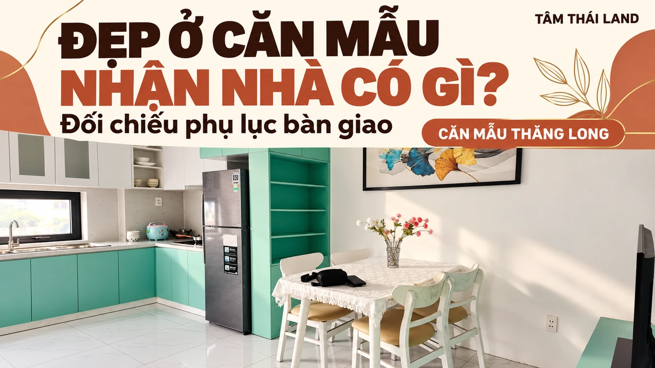 Đồ họa góc bếp màu xanh và bàn ăn căn mẫu Thăng Long, nhắc đối chiếu phụ lục bàn giao để biết nhận nhà có gì.