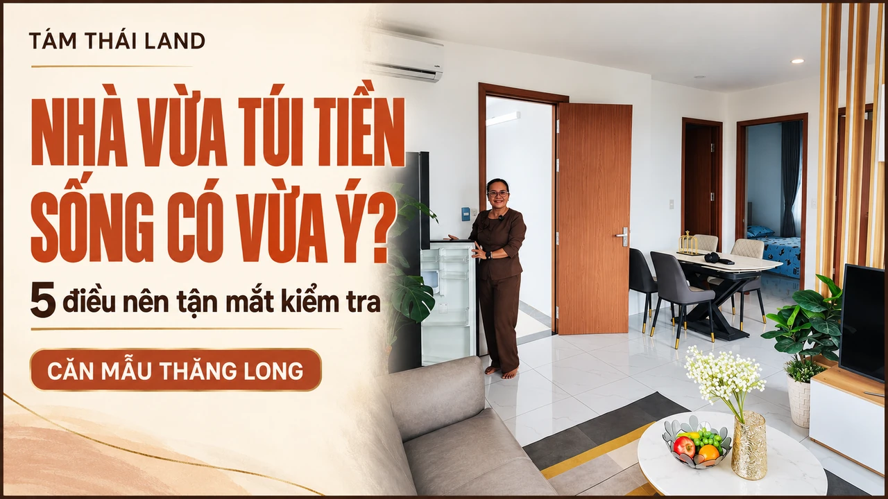 Đồ họa căn mẫu Thăng Long với người giới thiệu cạnh tủ lạnh và không gian phòng khách, bàn ăn; hỏi nhà vừa túi tiền sống có vừa ý.