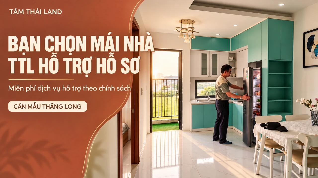 Đồ họa người tại bếp căn mẫu với thông điệp bạn chọn mái nhà, TTL hỗ trợ hồ sơ miễn phí dịch vụ theo chính sách.